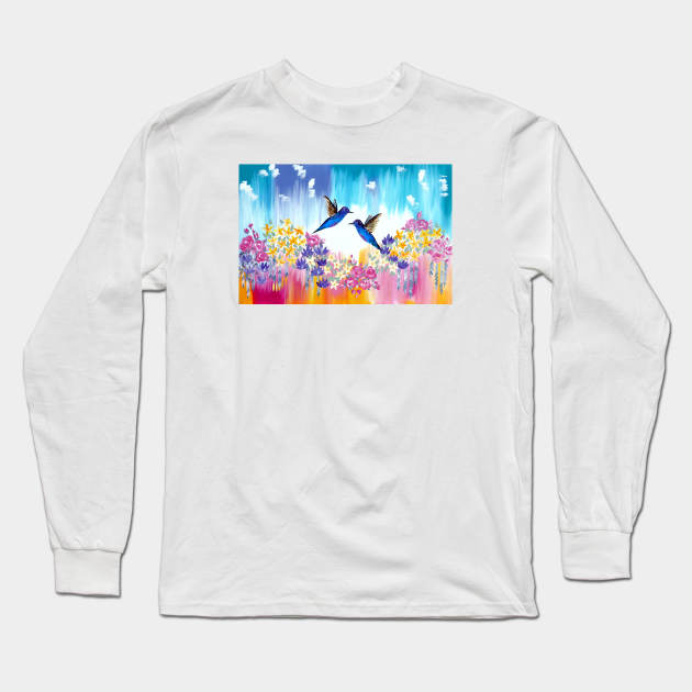 Flowers and Hummingbirds Long Sleeve T-Shirt by SheerJoy